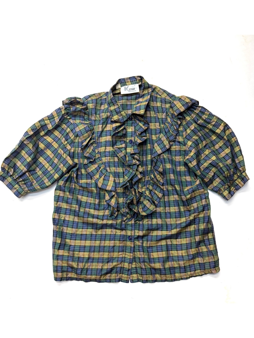 Vintage 80s 70s Kenar Blue Green Plaid 100 % Silk Ruffle Blouse Top Sz 12